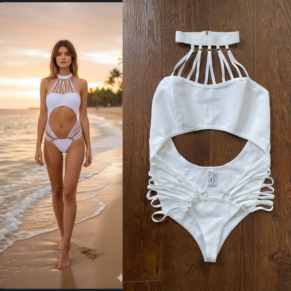 Sexy Strappy Choker Bathing Suit Bodysuit. White. Medium.